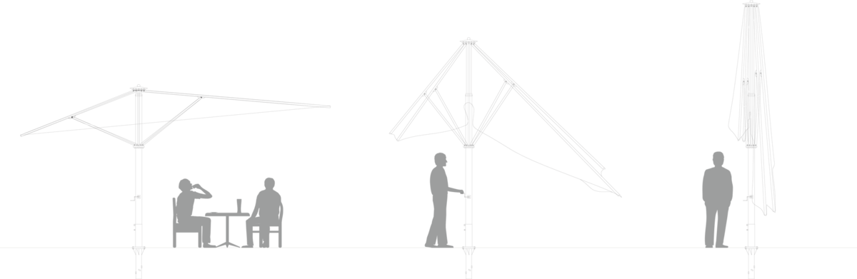 Technical diagram of a sun umbrella in three open positions