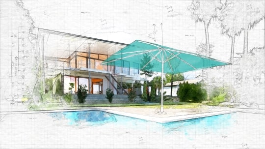Architectural drawing of a sun umbrella in front of a building